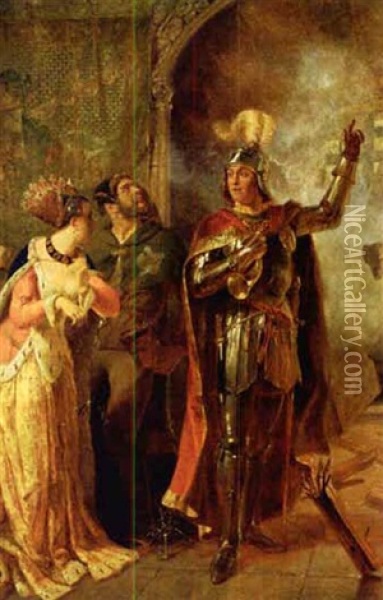A Scene From Shakespeare's Henry Vi, Act 2, Scene Ii Depicting The Countess Of Auvergne, Her Porter And John Talbot Oil Painting - Edward Henry Corbould