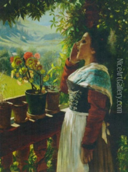 A Young Girl On A Sunlit Balcony Oil Painting - Hermann Kaulbach