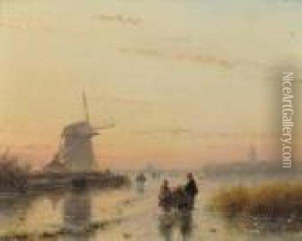 A River Landscape In Winter At Dusk Oil Painting - Andreas Schelfhout