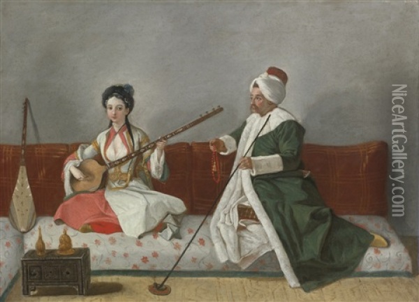 Portrait Of Helene Glavany And Mr. Levett Seated On A Divan Oil Painting - Jean Etienne Liotard