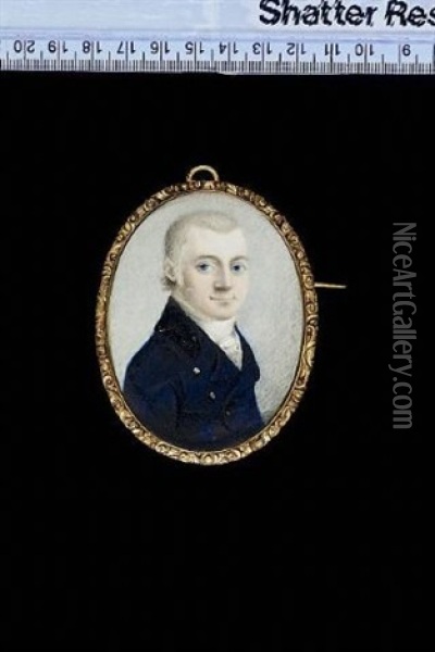 A Gentleman, Wearing Blue Coat With Black Collar, White Cravat Oil Painting - William Mineard Bennett