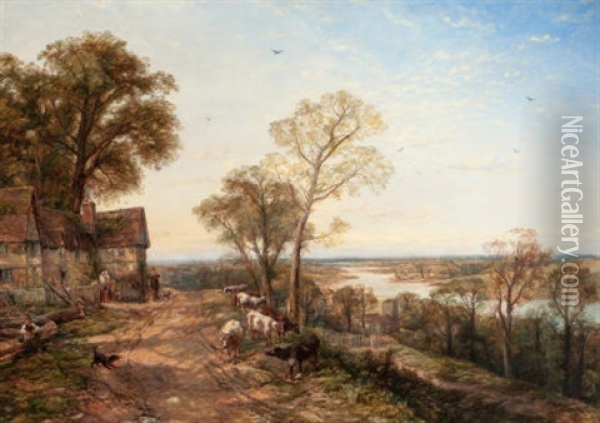 River Scene With Cottage And Grazing Cattle, Near Bala, North Wales Oil Painting - Thomas Creswick
