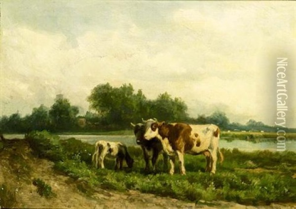 Cattle Grazing In A River Landscape Oil Painting - Hendrik Savry