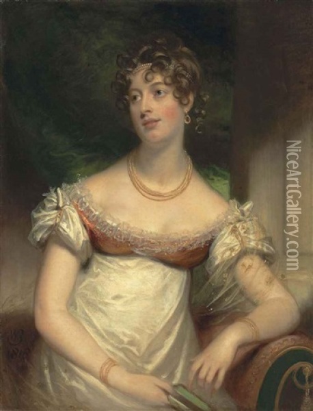 Portrait Of Miss Anne Lee, Half-length, In A White Dress, With A Gold Necklace And Bracelets, Pearls In Her Hair, A Book In Her Right Hand, In An Interior Oil Painting - Sir William Beechey