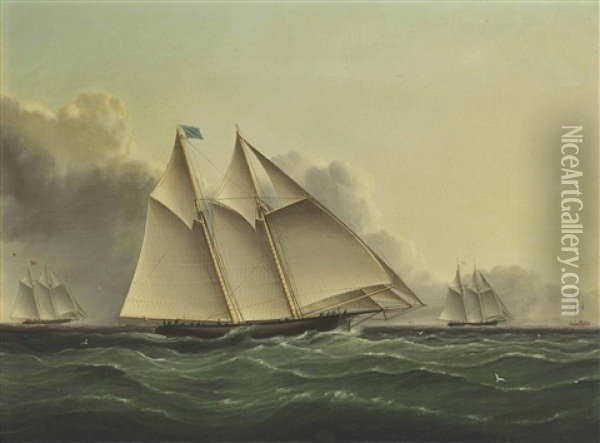 Three Schooner Yachts Racing In A Squall Oil Painting - James Edward Buttersworth