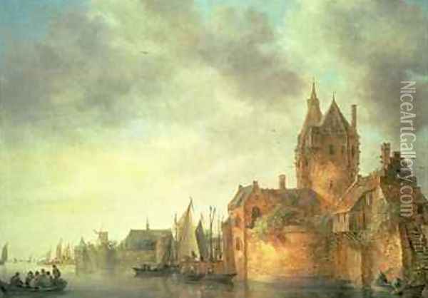 A castle by a river with shipping at a quay Oil Painting - Jan van Goyen