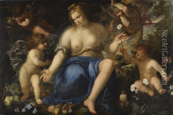 Allegory Of The Earth, With The Four Seasons Oil Painting - Giovanni Battista (lo Zoppo di Lugano) Discepoli