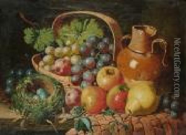 A Still Life Of Fruit, A Birds Nest And A Jug; & A Companion Oil Painting - Charles Thomas Bale