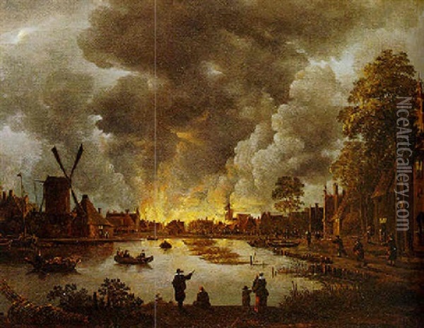 Fire In A Town At Night Oil Painting - Anthonie Van Borssom