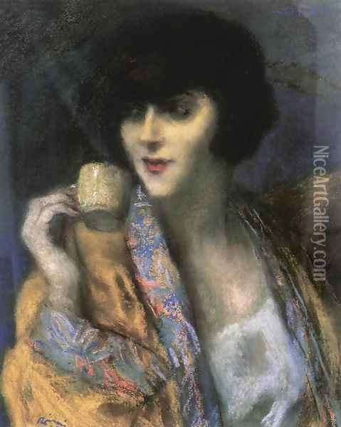 Woman with a Chinese Cup 1920 Oil Painting - Jozsef Rippl-Ronai