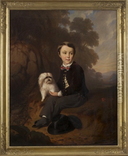 Portrait Of A Boy And His Dog Oil Painting - Ernst Georg Fischer