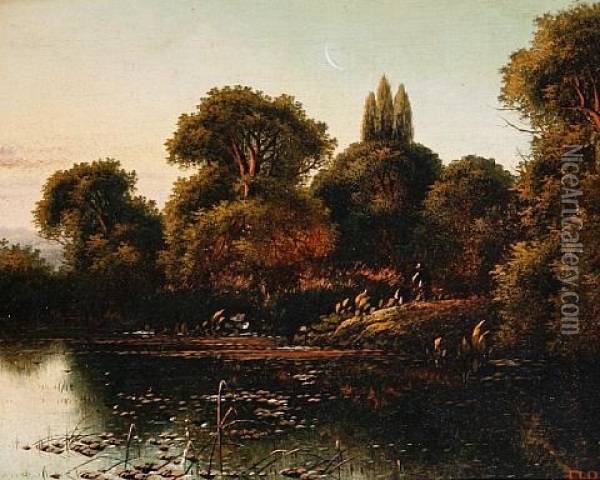 A Lake Scene At Sunset Oil Painting - Edwin Henry Boddington