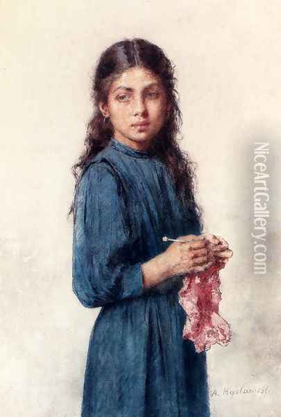 A Young Girl Knitting Oil Painting - Alexei Alexeivich Harlamoff