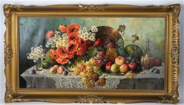 Obststillleben Mit Wiesen- Und Feldblumen Oil Painting - Rudolf Stoitzner