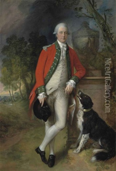 Portrait Of Colonel John Bullock Dressed In Military Uniform In A Landscape, With A Dog At His Feet Oil Painting - Thomas Gainsborough