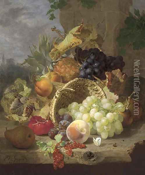 Apples, a pineapple and black grapes in a basket, beside an upturned basket with a pear, plums, redcurrants, a peach, white grapes Oil Painting - Eloise Harriet Stannard