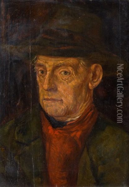 Portrait Of A Man With Hat And Red Waistcoat Oil Painting - Wilhelm Maria Hubertus Leibl