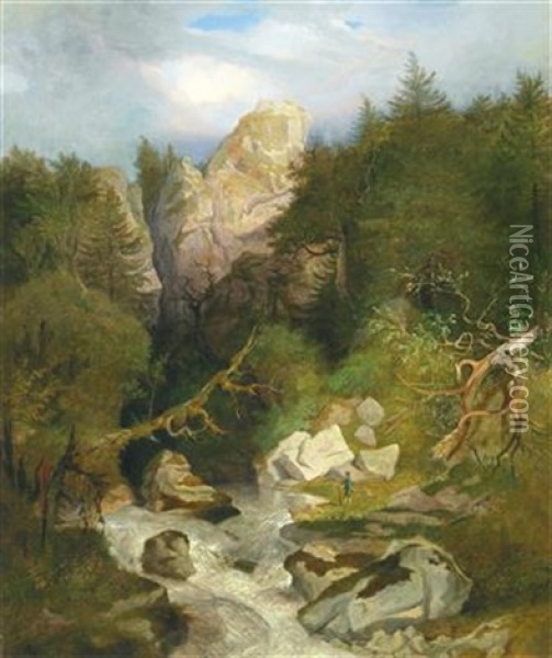 Hunter In A Gorge Oil Painting - Heinrich Heinlein
