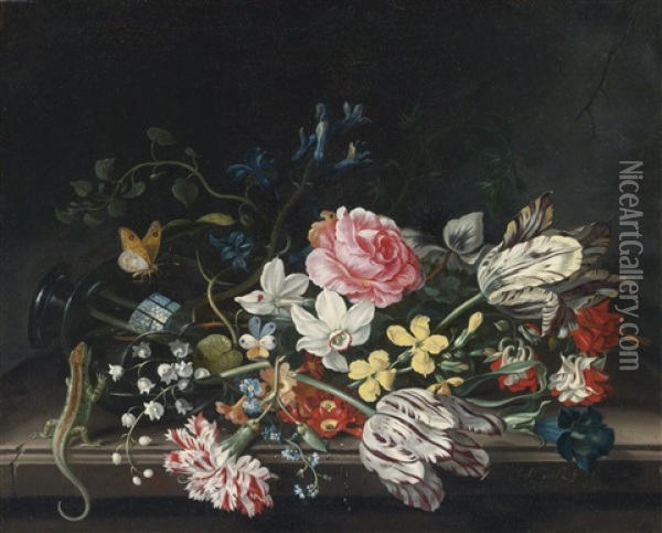 An Overturned Vase Of Flowers Resting On A Ledge Oil Painting - Jacob Marrel