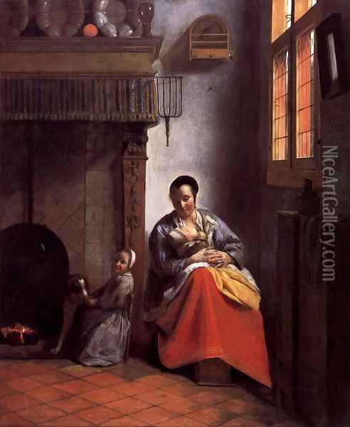 A Woman Nursing an Infant with a Child and a Dog Oil Painting - Pieter De Hooch