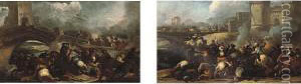A Cavalry Skirmish On A Bridge Oil Painting - Marzio Masturzio