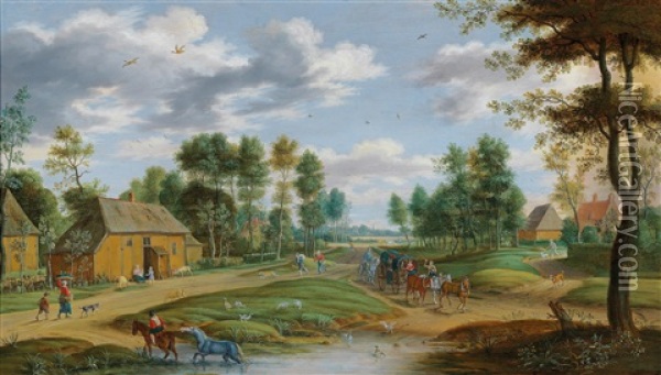 A Landscape With A Horse-drawn Cart And Travelers On A Village Road Oil Painting - Isaac Van Oosten