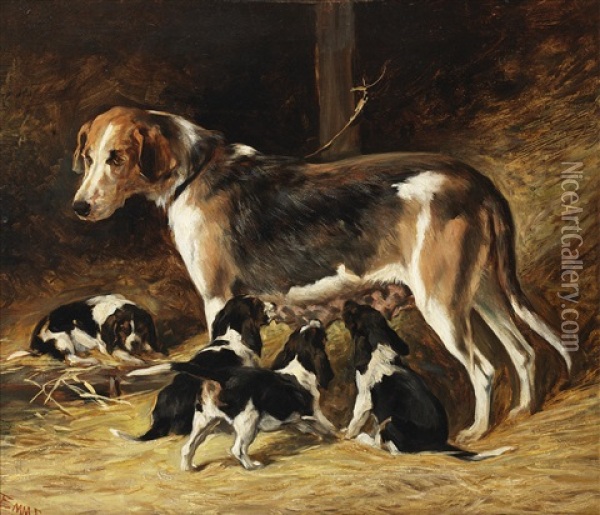 A Foxhound Bitch Feeding Her Pups Oil Painting - John Emms
