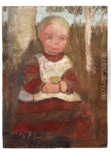 Sitzendes Kind An Einer Birke (kind Mit Frucht)  (+ Bauernmadchen Am Hang Vor Wolkigem Himmel, Verso) Oil Painting - Paula Modersohn-Becker