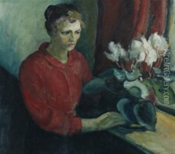 Woman Contemplates Flowers Oil Painting - William Lonnberg