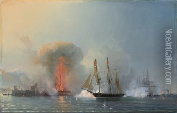 The French Fleet Bombarding Vera Cruz, Mexico Oil Painting - Antoine Leon Morel-Fatio
