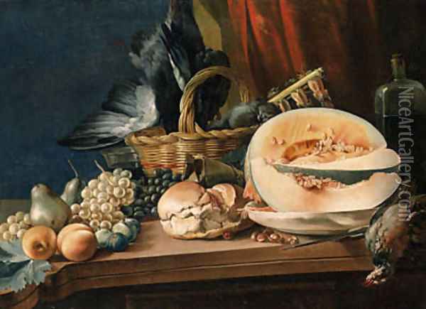 A melon, a bread roll, bunches of grapes, pears and other fruit, chestnuts, a bottle and a basket of dead songbirds on a table Oil Painting - Jean Valette-Falgores
