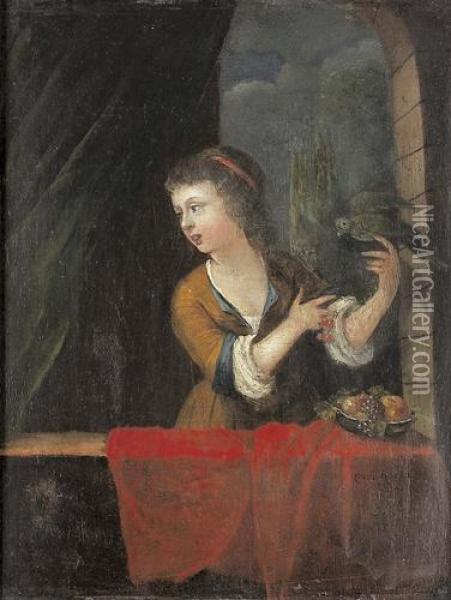 Junge Dame Mit Papagei. Oil Painting - Willem van Mieris