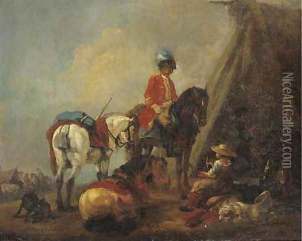 A cavalryman and a wine seller in a military encampment Oil Painting - Pieter van Bloemen