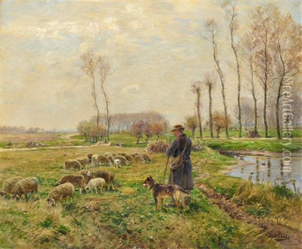 Schafer Mit Seiner Herde Im Vorfruhling Oil Painting - Hugo Muehlig