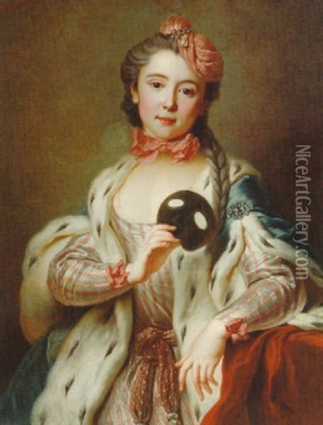 Portrait Of A Lady (madame Favart?) In A Pink And White Striped Dress And A Blue Ermine-trimmed Wrap, Holding A Mask Oil Painting - Jean-Baptiste van Loo