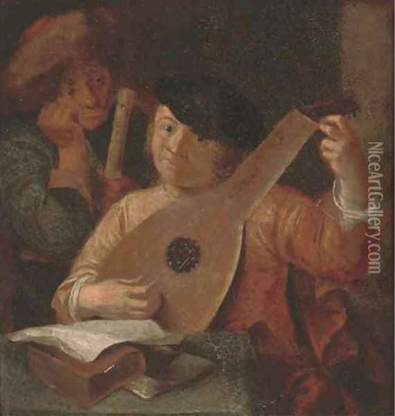 A lute player and a flute player in an interior Oil Painting - Hendrick Terbrugghen
