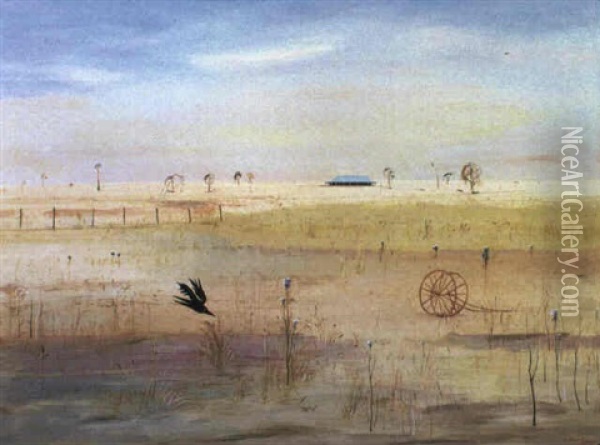 Wimmera Landscape With Hayrake, Homestead And Crows Oil Painting - Arthur Merric Boyd