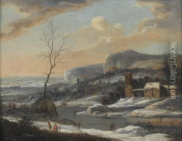 A Mountainous Winter Landscape With Figures On A Frozen River Oil Painting - Johann Christian Vollerdt or Vollaert