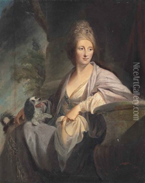 Portrait Of A Lady, Three-quarter-length, In A White Dress, Seated In A Landscape With A Spaniel Oil Painting - Tilly Kettle