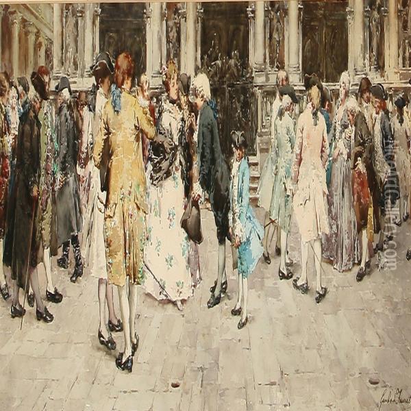 Street Life Withnoble People In Front Of A Church, Italy Oil Painting - Gamba Da Farretto