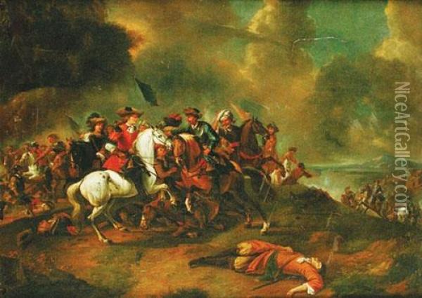 Scena Di
Combattimento Tra Cavalieri Sullo Sfondo Di Montagne E Castello Oil Painting - Jan von Huchtenburgh