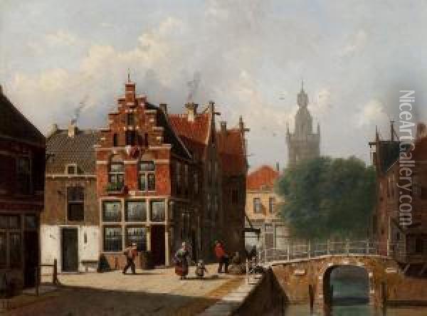 Dutch Townscape With A View Of A Churchtower Oil Painting - Frederik Roosdorp