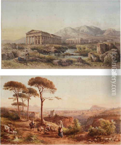 A View Of Naples With The Vesuvius In The Background; And The Temple Of Neptune And The Temple Of Hera, Paestum Oil Painting - Giovanni Giordano Lanza
