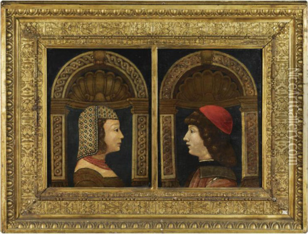 Double Portrait Of A Woman With A Decorative Headdress, And A Man With A Red Cap, Both En Profile, In A Stone Niche Oil Painting - Ambrogio de Predis