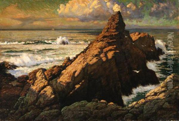 Rock In Sea, Sailing Ship On The Horizon Oil Painting - Richard Langtry Partington