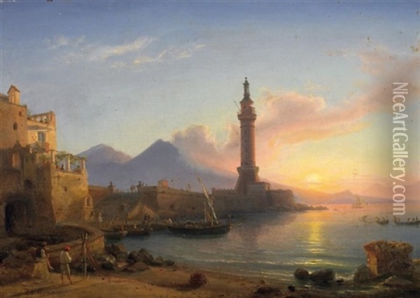 Blick Auf Eine Suditalienische Bucht Mit Leuchtturm Bei Sonnenaufgang Oil Painting - Eduard Agricola