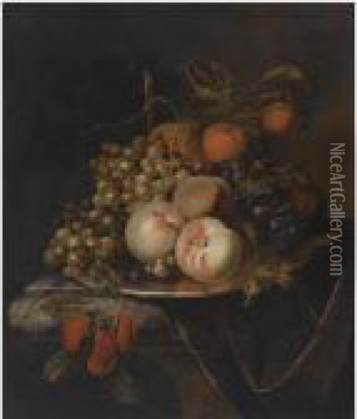 A Still Life Of Blue And White 
Grapes, Peaches, Plums, A Pear And Apomegranate, All On A Pewter 
Platter, On A Marble Drapedledge Oil Painting - Heroman Van Der Mijn