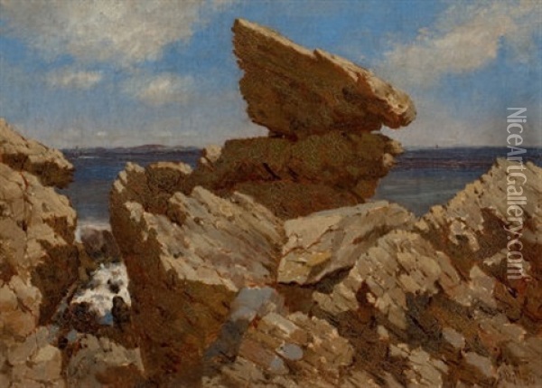 Rocky Cove With Balancing Rock Oil Painting - John Bradley Hudson