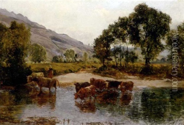 River Landscape With Cattle At A Ford Oil Painting - Alexander Fraser the Younger