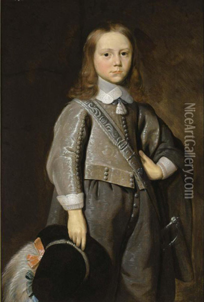 A Portrait Of A Boy, Standing Three- Quarter Length, Wearing A Grey Embroidered Suit And Holding A Hat With A Feather In His Right Hand Oil Painting - Jan Jansz De Stomme